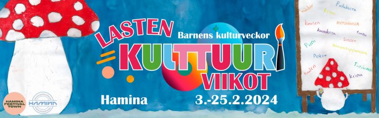 Lasten Kulttuuriviikkojen banneri, jossa kilpailujuliste ja Lasten kulttuuriviikkojen logo.